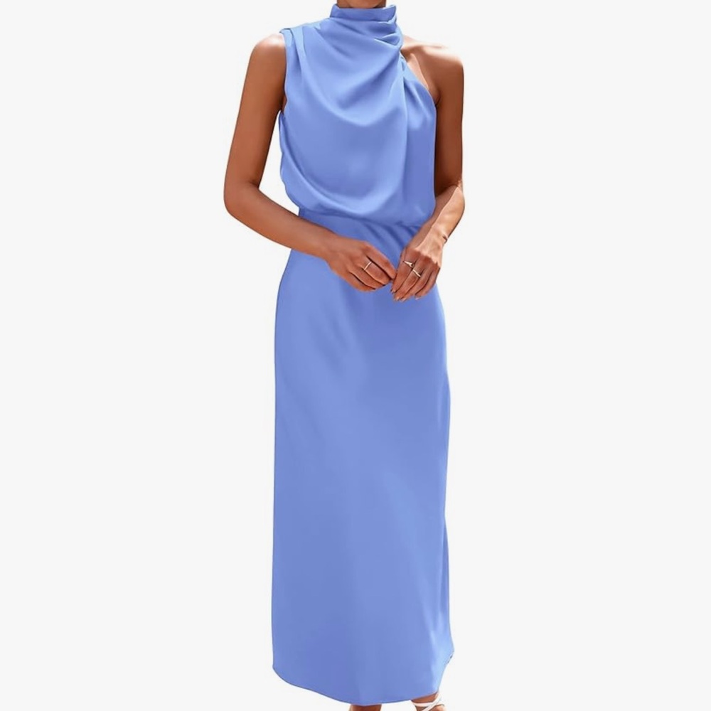Chic One-Shoulder Blue Satin Maxi Dress